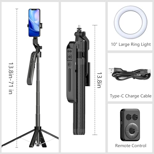 Auto Face Tracking Self Stick Tripod for iPhone with 10" Ring Light Hands-Free 360°Adjustable 70.9 Inch Smart Phone Stand with Remote for Content Creator Vlog Video Recording - size: Tracking Tripod with 10" Ring Light