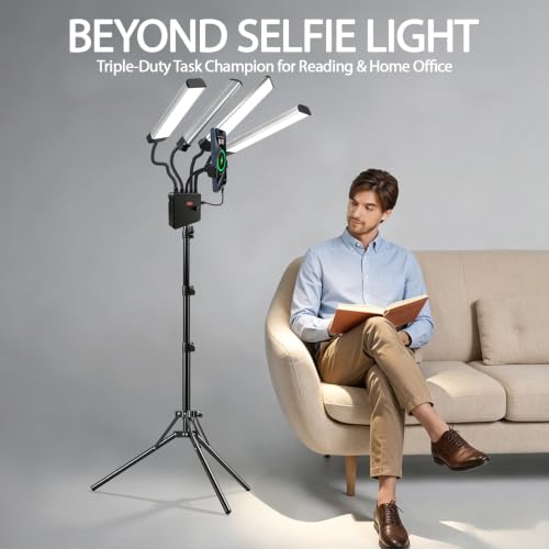 Selfie Light with 75'' Tripod Stand, Dimmable 3 Color Four Arms LED Tattoo Light with Phone Holder & Carry Bag, LED Light for Lash Tattoo Video Photography Live Stream, 80W 95CRI Floor Lamp
