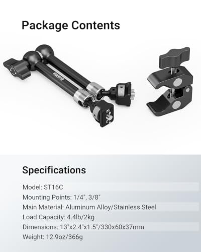 Neewer 11" Articulating Magic Arm Clamp Mount with Super Clamp, Camera Monitor Mount with 1/4" 3/8" ARRI Locating Pins & Holes for DSLR Action Camera Video Light Compatible with SmallRig Cage, ST16C - style: ST16C w/Clamp