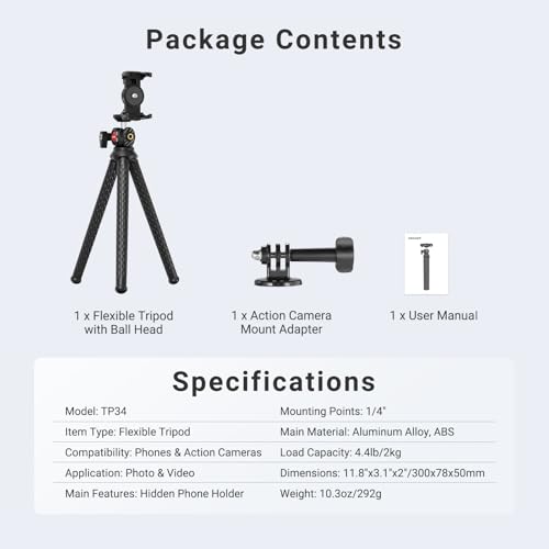 NEEWER Flexible Phone Tripod, Small Mini Camera Webcam Desk Stand, Phone Holder & Action Camera Mount Adapter Compatible with iPhone GoPro DJI Pocket 4 3 Xtra Muse Insta360 for Video Recording, TP34