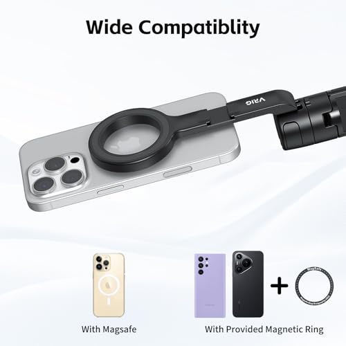 VRIG TP-27 Magnetic Pocket Selfie Stick Tripod for iPhone, 21" Extendable Phone Tripod with Cold Shoe and Magnetic Phone Holder, Compatible with iPhone 17 16 15 14 13 12 Series