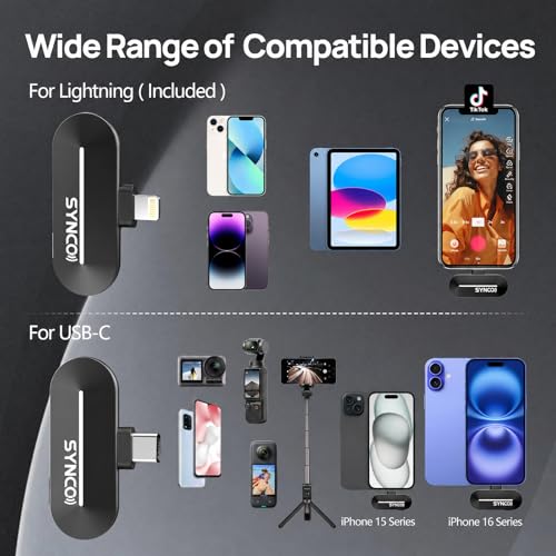 SYNCO Wireless Lavalier Microphone for iPhone, P1XL Professional Lapel Mic for Tiktok, YouTube, Streaming, Vlog Video Recording, Wireless Microphone for iPhone 14/13/12/11/SE... - style: 1 Mic for Lightning