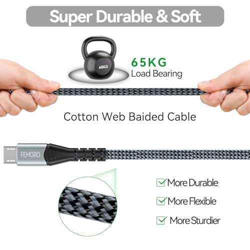 FEMORO USB to Micro USB Cable 10 ft Long 12W Charging & 480Mbps Data Transfer, MicroUSB Charger Cord for PS4 Xbox Old Android Phone Kindle Raspberry Pi 3 and More - size: 10 Feet