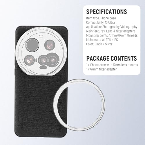 NEEWER 15 Ultra Case, Protective Phone Case Compatible with Xiaomi 15 Ultra, Heavy Duty TPU + PC Faux Leather with 17mm Lens Mounts & 67mm Filter Adapter for Wireless Charging, PA101 Black + Silver - style: Case for 15 Ultra/Black+Silver