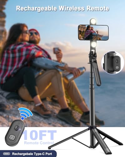 Yeaki 71" Phone Tripod,Tripod for iPhone with Fill Light and Rechargeable Remote,Aluminum Selfie Stick Phone Stand Compatible with Cell Phone/Camera/Ring Light/DJI/GoPro - size: 71 inches