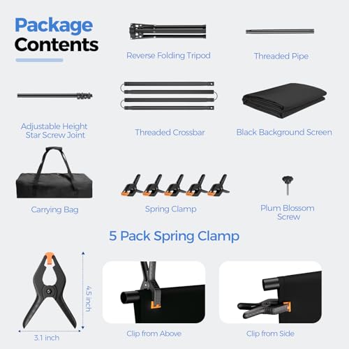 EMART Black Photo Backdrop with Stand Kit 6.5x5ft, Photography Black Background Screen with Portable T-Shape Support and 5 Clamps for Video Recording, Meetings, Self Tape - size: 6.5x5ft