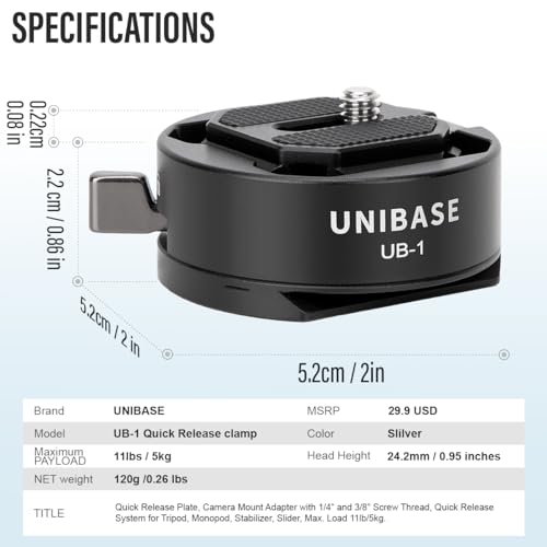 Unibase Arca Type Quick Release Plate Kit, Quick Switch Auto Lock Square QR Camera Mount Plate Compatible with Peak Design Capture Camera Clip DJI Ronin RS3 Pro, 1/4" 3/8" Thread for Tripod Slider