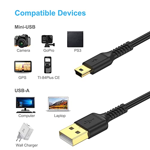 3ft Mini USB Cable, Standard USB 2.0 to Mini B Male Charger Cord Durable USB Mini to USB Charging Cable Compatible with PS3 Controller, MP3 Player, Camera, Dash Cam, Garmin GPS, Hero 3+(Black) - size: 3 Feet