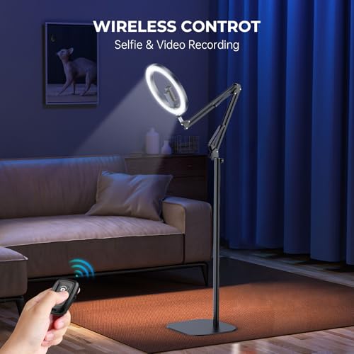 10" Ring Light with Stand Tripod for iPhone, Overhead Phone Camera Mount, Adjustable 70" Height Tripod Holder Floor, Phone Stand for Video Recording Filming Streaming Cooking TikTok YouTube, CRI >95 - size: 10 inches
