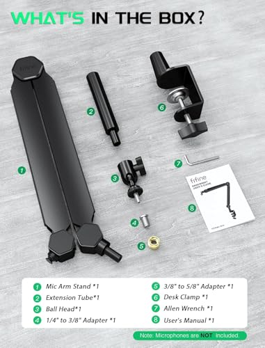 FIFINE Mic Boom Arm, Microphone Stand with Cable Management Channels, Extension Tube, Desk Clamp, Thread Adapter, Fully Adjustable Metal-Built Podcast Mic Arm for Streaming Gaming Recording-BM66T - size: BM66T Black(With Extension Tube)