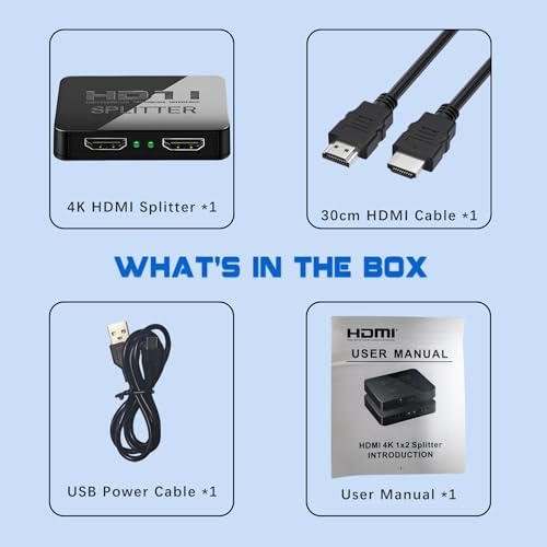 4K HDMI Splitter 1 in 2 Out Mirror Display Not Expand, Dual HDMI Splitter Hub to Dual Monitors Multi-Scree Displays Audio Synchronization, Compatible for MacBook Laptop Desktop PC Graphics Card TV