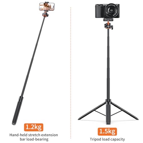 VRIG TP16 Camera Tripod, 55" Extendable Phone Selfie Stick Camera Tripod Stand with 2 in 1 Phone Clip, 5 Levels Adjustment 360° Ball Head Loads Up for DJI OSMO Pocket 4/3 Insta360 X5 iPhone Sony Canon - color: A0085