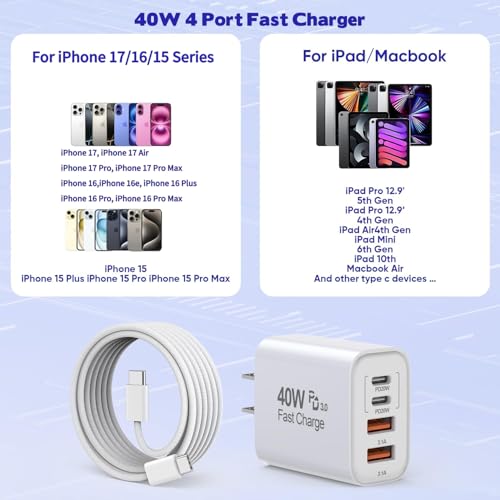 2Pack iPhone 17 16 15 Pro Max Fast Charging Block,6FT USB C to C Woven Cable Cord 40W USB C Apple Charger 4 Port PD&AC Charger Block Fast Charging for iPhone 17 Air/16e/17/16 /15 Plus/Pro/Pro Max/iPad - size: 6FT C-C