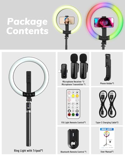 Yeaki Vlogging Kit for iPhone/Android, 10" Selfie Ring Light with Tripod Stand, Wireless Mic & Remote, 74" Tripod for iPhone with Ring Light, YouTube Starter Kit for TikTok, Content Creator & Video