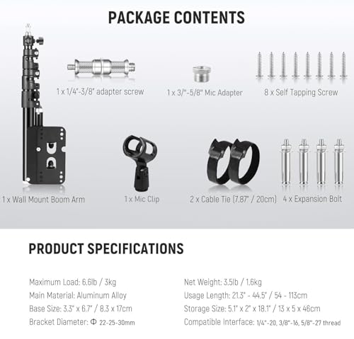 Microphone-Ceiling-Stand,Telescoping Mic Wall-Mount Boom Arm compatible with Shure MV7,MV6,SM7B,SM58,SM57,SM4,SM7dB Microphones for Podcast, Streaming, Gaming & Studio Recording
