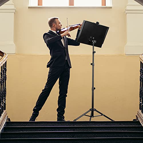 CAHAYA 5 in 1 Heightened Dual-use Sheet Music Stand & Desktop Book Stand Metal Portable Solid Back with Height Adjustable from 31.4-67in Including Carrying Bag, Sheet Music Folder & Clip CY0304 - color: Black, size: Higher Version