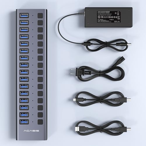 Powered USB 3.2 Hub, ACASIS 16 Ports USB 3.2 Hub with 10Gbps Data Speed,Aluminum Housing, USB Hub Powered with 96W Power Adapter, USB Hub for PC/Laptop, Computer, Flash Drive, Printer, Camera - size: 16 ports