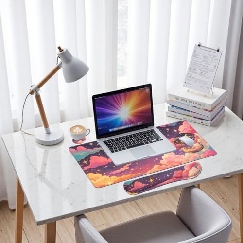 Dreamy Clouds Desk Mat Set Magical Star Night Large Mouse Pad with Wrist Rest 4in1 Desk Mat for Desktop Ergonomic Keyboard Wrist Support Anti-Slip Computer Ergonomic Mouse Pad Home Office Gaming - color: Dreamy Clouds
