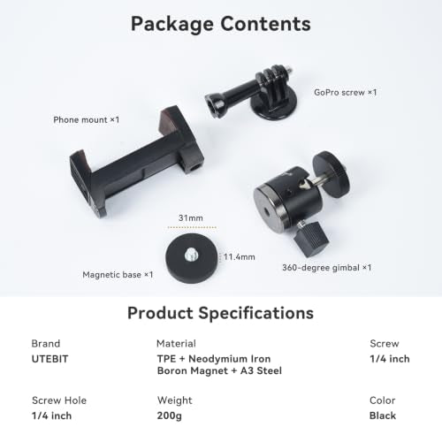 UTEBIT 31mm Strong Magnetic Camera Mounting Base, Magnet Action Camera Mount with 360° Rotation Mini Ball Head & Phone Holder Mount, Compatible with Gopro Hero, DJI Osmo Action Osmo Nano, Insta 360 - size: 31MM