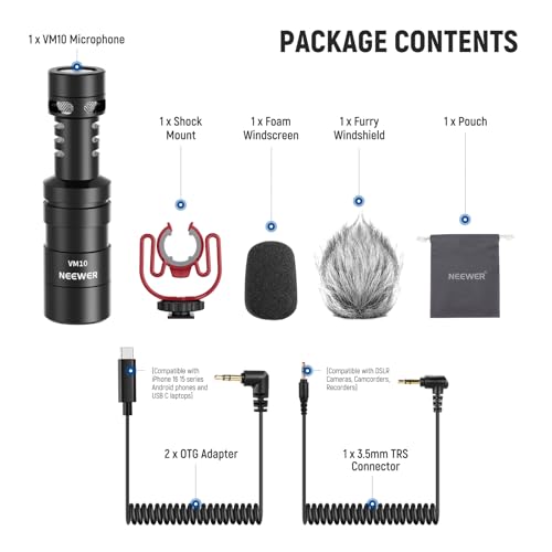 NEEWER Plug & Play Vlog Microphone, 20-20KHz Mini Supercardioid Mic with 3.5mm TRS, USB C OTG Cable, Shock Mount, Windscreen Compatible with iPhone 16 15 14 Samsung S24 Android Tablet Mac Camera, VM10 - style: VM10 Microphone