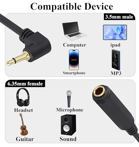 Right Angle Gold Plated 1/4 Mono to 1/8 Cable 90 Degree TS 3.5mm Mono Audio 1/8 inch Male to 6.35mm 1/4 inch Female Jack Converter Cable for Amplifier, Speaker, Guitar(30CM/1Pack) - color: 90 Degree 30CM/1Pack