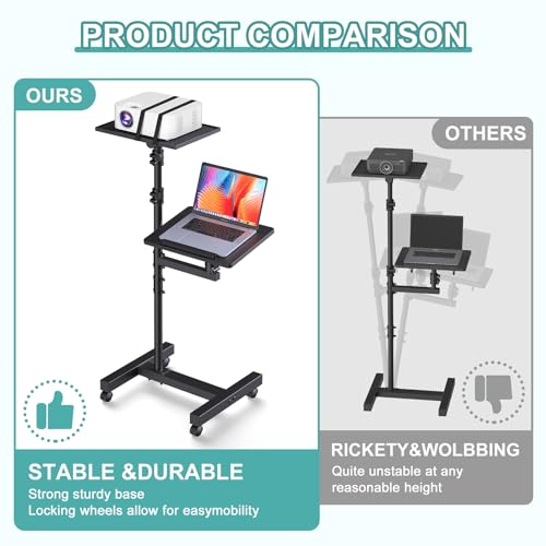 Facilife 2 Shelves Projector Stand Tripod, Height Adjustable Max 64", Mobile Laptop Cart on Wheels Projector Tripod Stand, Overbed Table with Wheels, Rolling Laptop Floor Stand for Couch