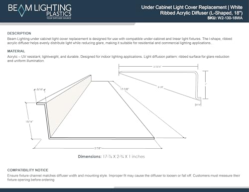 Beam Lighting Under Cabinet Light Cover Replacement | White Ribbed Acrylic Diffuser (L-Shaped, 18") - size: 18", style: L-Shaped