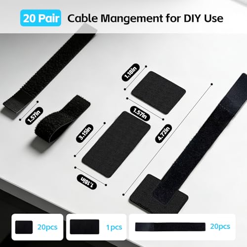20 Pack Under Desk Cable Management Clips, Adjustable Hook-and-Loop Wire Holders for Home Office PC Gaming Setup