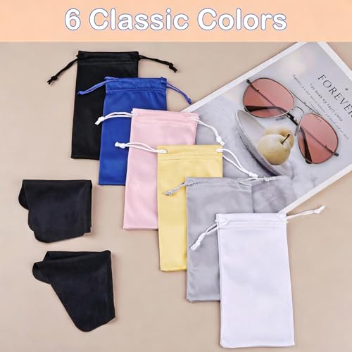 Hoiny 6 Pcs Microfiber Glasses Sunglasses Pouch with 2 Cleaning Cloths, Soft Drawstring Storage Bag for Phone, Eyeglass Case - color: Multi Color