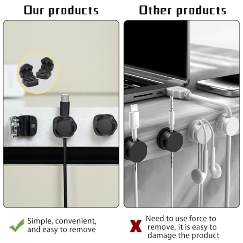 Magnetic Cable Organizer Set, 8 Pcs Easy Adhesion Desk & Wall Mount Holders for Mobile Phones and USB Cables, Perfect for Office, Kitchen, Car, and Bedside Use (Black)