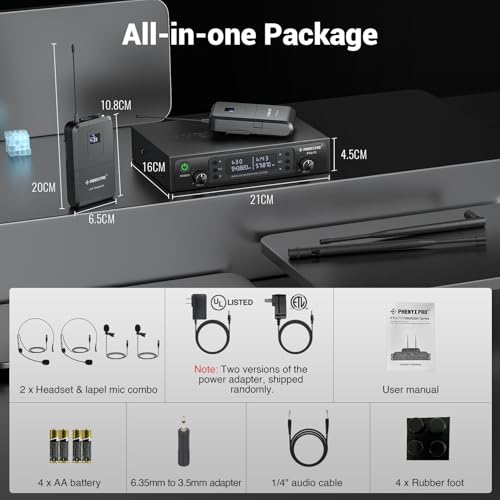 Phenyx Pro Dual UHF Wireless Microphone System,Auto-Scan Cordless Mic Set w/ 2x100 Frequencies, 2 Bodypacks & Headsets/Lapel Microphones for Speaking, Singing, Church, DJ (PTU-71-2B)