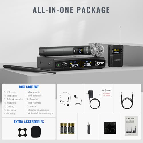 Phenyx Pro Wireless Microphone System,Metal Wireless Mic Set w/Handheld/Bodypack/Headset/Lapel Mics,2 x 30 UHF Frequencies, 200 ft Range, Cordless Mic for Singing, Karaoke, Church (PTU-52-1H1B)