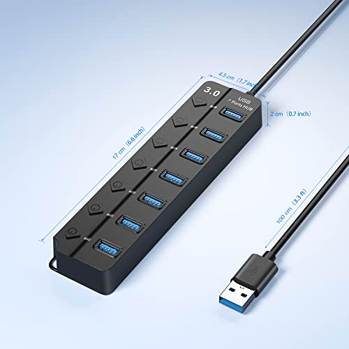 ONFINIO USB Hub 3.0, 7-Port USB A Splitter with Individual On/Off Switches and Lights, 3.2ft/1m Long Cable, Extender for A Port Laptop, PC, Desktop - color: Black