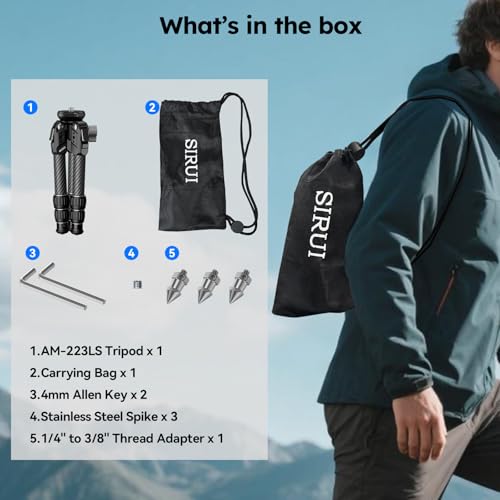 SIRUI Carbon Fiber Mini Tripod with Bowl Base, 33lbs Max Load, Ultra-Lightweight 1.63lbs, 8.82in Folded, 360° Panorama & ±15° Tilt for Camera/Phone/Vlogging(AM-223LS) - style: Bowl Base Tripod