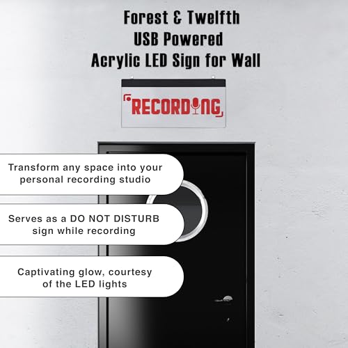 LED Acrylic Wall Recording Sign, Forest & Twelfth Recording Studio Lighted Sign for Professional Studio Setup, Podcast, Radio & More, USB Powered (Recording)