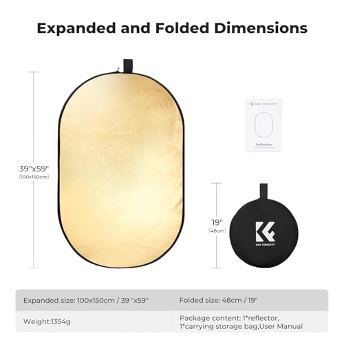 K&F CONCEPT 40" x60”(100x150cm) 5-in-1 Oval Foldable Reflector with Carrying Bag, Gold, Silver, Black, White Reflective Fabric and Translucent Soft Fabric for Studio Lighting - size: 100x150cm