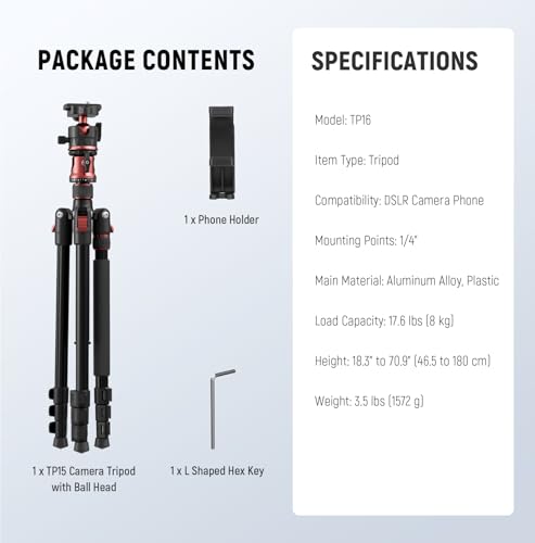 NEEWER Basics 70.9" Camera Tripod Monopod with Center Column & Ball Head, Quick Release Overhead DSLR Cell Phone Holder Stand Compatible with iPhone Travel Video Recording, 17.6 lbs Max Load, TP16 - style: TP16 w/Ball Head
