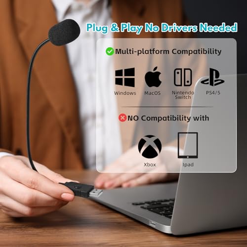 Mini USB Microphone for Laptop, External Desktop Computer Small Mic, Condenser Portable Mic with Gooseneck & Mute Button, Compatible With PC and Mac, Plug & Play, For Meeting, Call Voice (Black)