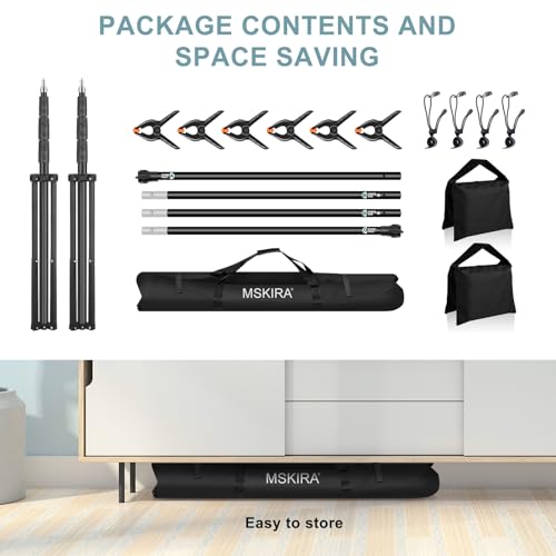 10.2x10Ft Heavy Duty Backdrop Stand, MSKIRA Adjustable Backdrop Support System Kit, Photoshoot Background Stand for Parties, Advertising Display with 6 Clamps, 4 Clips, 2 Sandbags, Carry Bag
