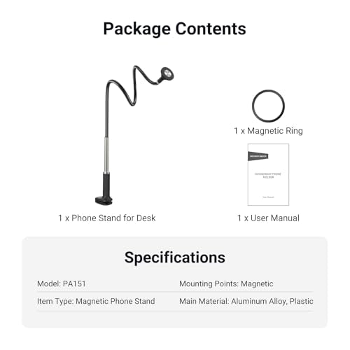 NEEWER Basics Magnetic Phone Stand for Desk, 360° Overhead Table Cellphone Holder Clamp Mount with Flexible Arm, Compatible with MagSafe iPhone Android Samsung for Bed Video Recording, PA151 Black - style: PA151 Black