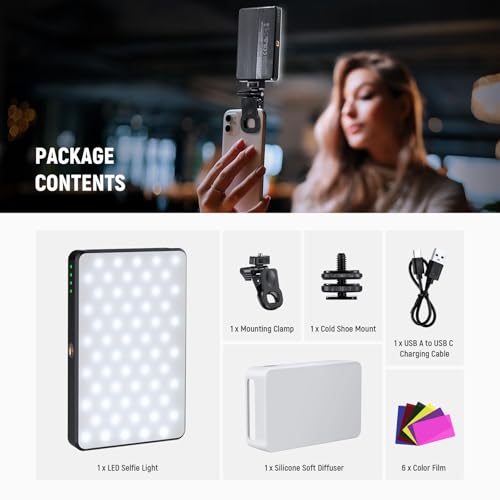 NEEWER Basics LED Selfie Phone Light, Rechargeable 2500-9000K Clip On Fill Light, Color Films/Diffuser/3000mAh, CRI95+ Dimmable Video Conference Lighting for iPhone Camera Laptop Zoom Call, BL120B
