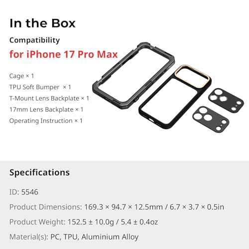 SMALLRIG Mobile Video Cage for iPhone 17 Pro Max, Case with T-Mount Lens Backplate and 17mm Threaded Lens Backplate, TPU Soft Frame, for Video Shooting and Live Streaming, Basic Edition - 5546 - style: Basic Cage
