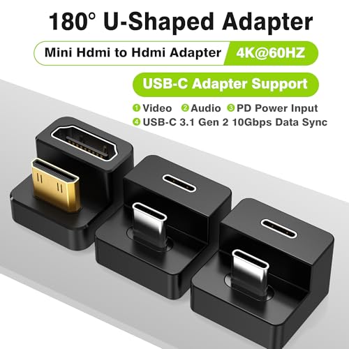AGVEE 180 Degree Angled USB-C to USB-C Adapter and Long Side Inward U-Shaped Mini HDMI to HDMI Converter, HDMI 2.0 4k@60HZ, Coupler Extender Extension for Portable Display Monitor, Black - size: 1 Pack Long Side Inward
