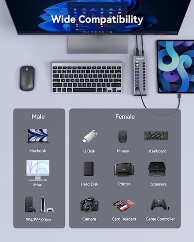 WENTER Powered USB Hub 3.0 with SD/TF Card Reader, Aluminum 10 Port Powered USB Hub (9 USB 3.0 Data Transfer Port & 1 USB Fast Charging Port Hub) USB 3.0 Hub for PC, Laptop - size: 9+1