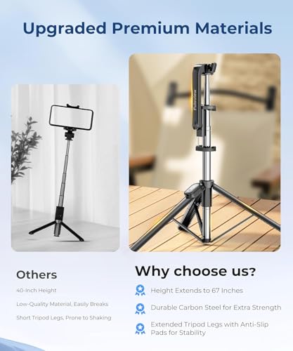 Fuloview 67” Selfie Stick Tripod for iPhone, Lightweight Travel Phone Tripod with Wireless Remote, Extendable Cell Phone Stand for Photography, Video & Live Streaming – Black