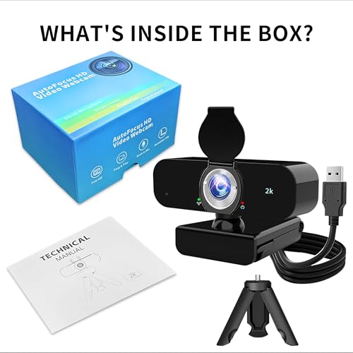 2K Webcam for Computer, USB Plug&Play, Auto Low Light Correction, Privacy Cover, Tripod, Wide Angle for Meeting/Online Video/Zoom, Web Cam with Microphone