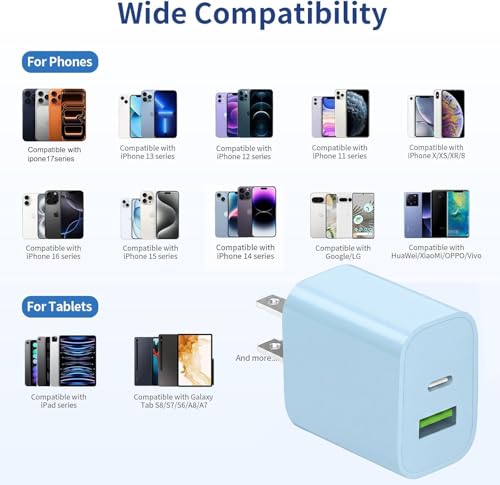4 Pack USB C Charger Block,20W USB-C & USB-A Port Charger,for i Phone 17/16/15/14/13/12/11/X/8, i Pad and More,Blue - color: 4p blue