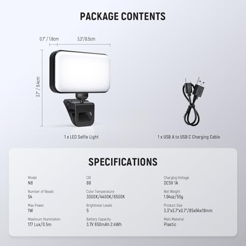 NEEWER Entry Level Version LED Selfie Light, 54 LEDs Plastic Clip on Phone Fill Lighting for iPhone, CRI88 650mAh, Portable for Computer Laptop Webcam Zoom Video Conference Makeup Recording, N8
