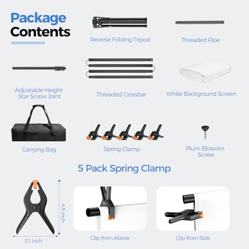 EMART 5 * 6.5ft White Photo Backdrop with Stand Kit for Photography Video Studio,White Screen Photoshoot Background Curtain with T-Shaped Portable Backdrop Stand Carrying Bag 5 Clamps - size: 5X6.5FT