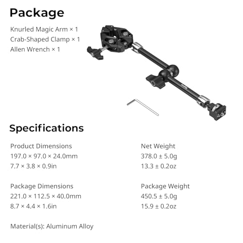SMALLRIG 12.9 Inches Magic Arm Clamp, with 1/4'' Screw & Anti-Deflection Retractable Pin, Clamp Mount for GoPro/for Insta360 /for DJI Action/for DSLR/for Light/for Monitor/for Phone - 5312